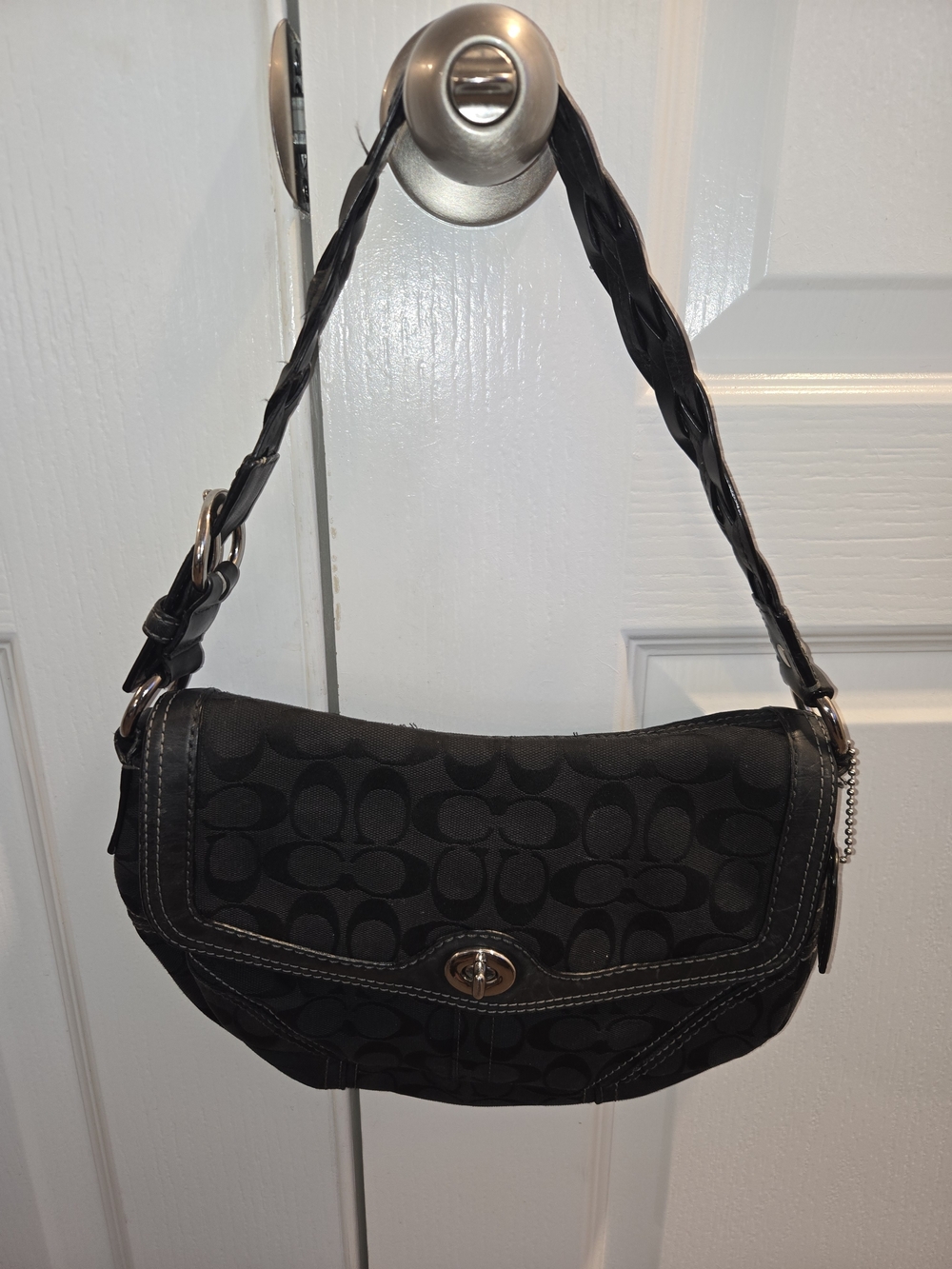 Vintage Coach Black Signature Jacquard Shoulder Bag with Braided Strap